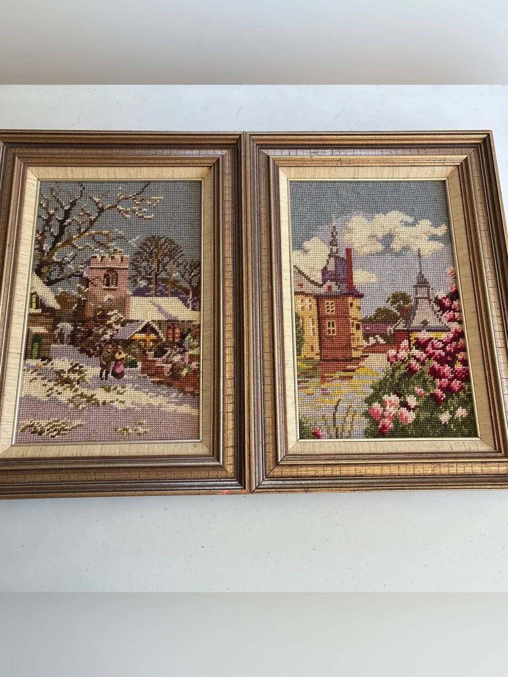 Vtg Handcrafted Needlepoint Tapestry Scenic Snow Village Renaissance Gold Frame